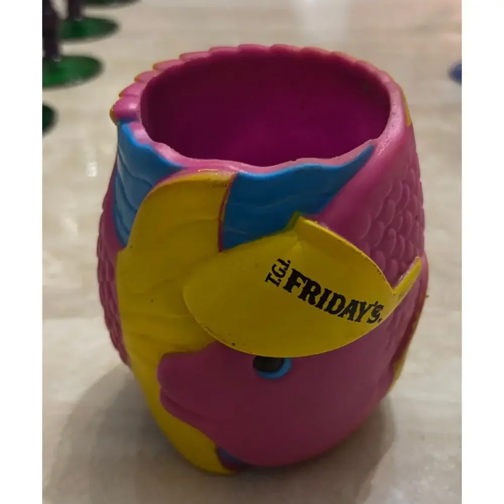 Vintage TGI Friday's Restaurant Rubber Drink Koozie TGIF Pink Yellow Blue Fish